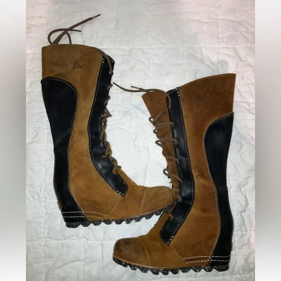 Sorel Cate the Great leather suede tall lace up boots shoes 6.5 6 1/2 fur lined